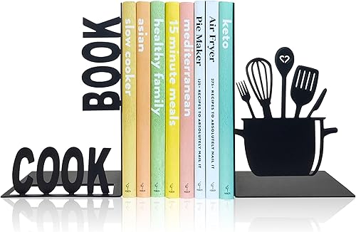 Ecqizer Extremos decorativos para libros de cocina, soporte de metal único para libros de cocina, soportes para libros de cocina, almacenamiento
