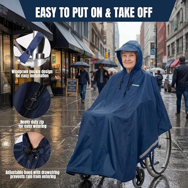 Poncho Antipioggia per Sedia a Rotelle, Multiuso Mantella Antipioggia con Cappuccio e Strisce Riflettenti Reusable Impermeabile Accessori per Adatto a Tutte Le Sedie a Rotelle - 3