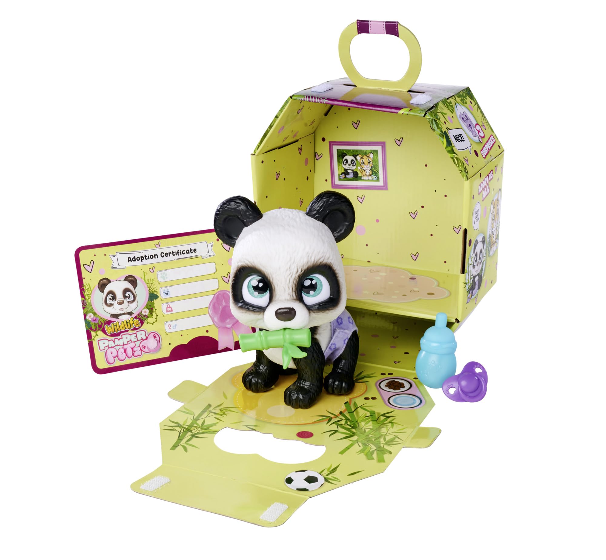 PAMPER PETZ 105950054 Panda z pieluszkowego gangu siusiający zwierzaczek z akcesoriami niespodziankami, pije i i siusia w pieluszkę, 15cm