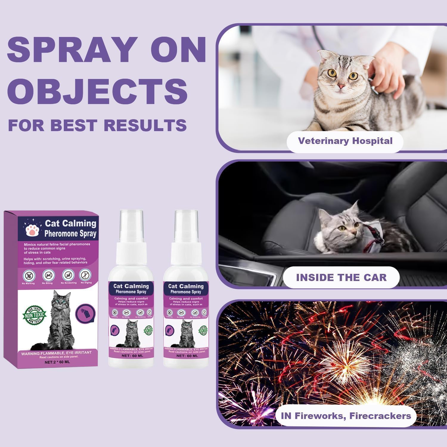 Cat Calming Spray with Pheromones – Anxiety & Stress Relief for Cats – Reduce Scratching Furniture, Urine Marking & Aggression – Calming Aid for Travel, Vet Visits & Home – 60-Day Supply (2 × 60 mL)