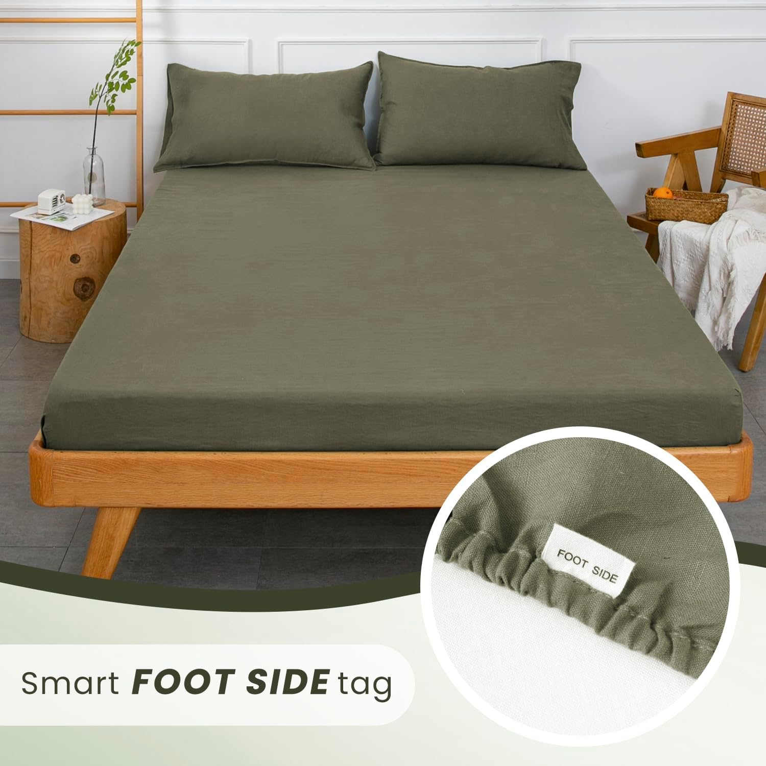 S VICTORY SYMBOL 100% Organic Linen Fitted Sheet 1 Piece King Size,Mattress Cover 16inch Deep Pocket,Stone Washed Natural French Flax Bottom Sheet-Burnt Olive