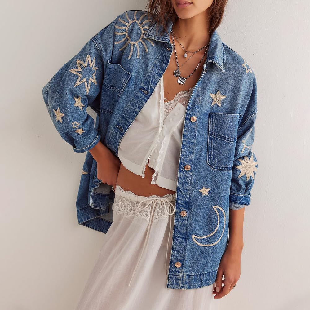 utcoco Women's Vintage Oversized Denim Jacket Embroidered Graphic Casual Loose Fit Button Down Jean Jacket - Image 2