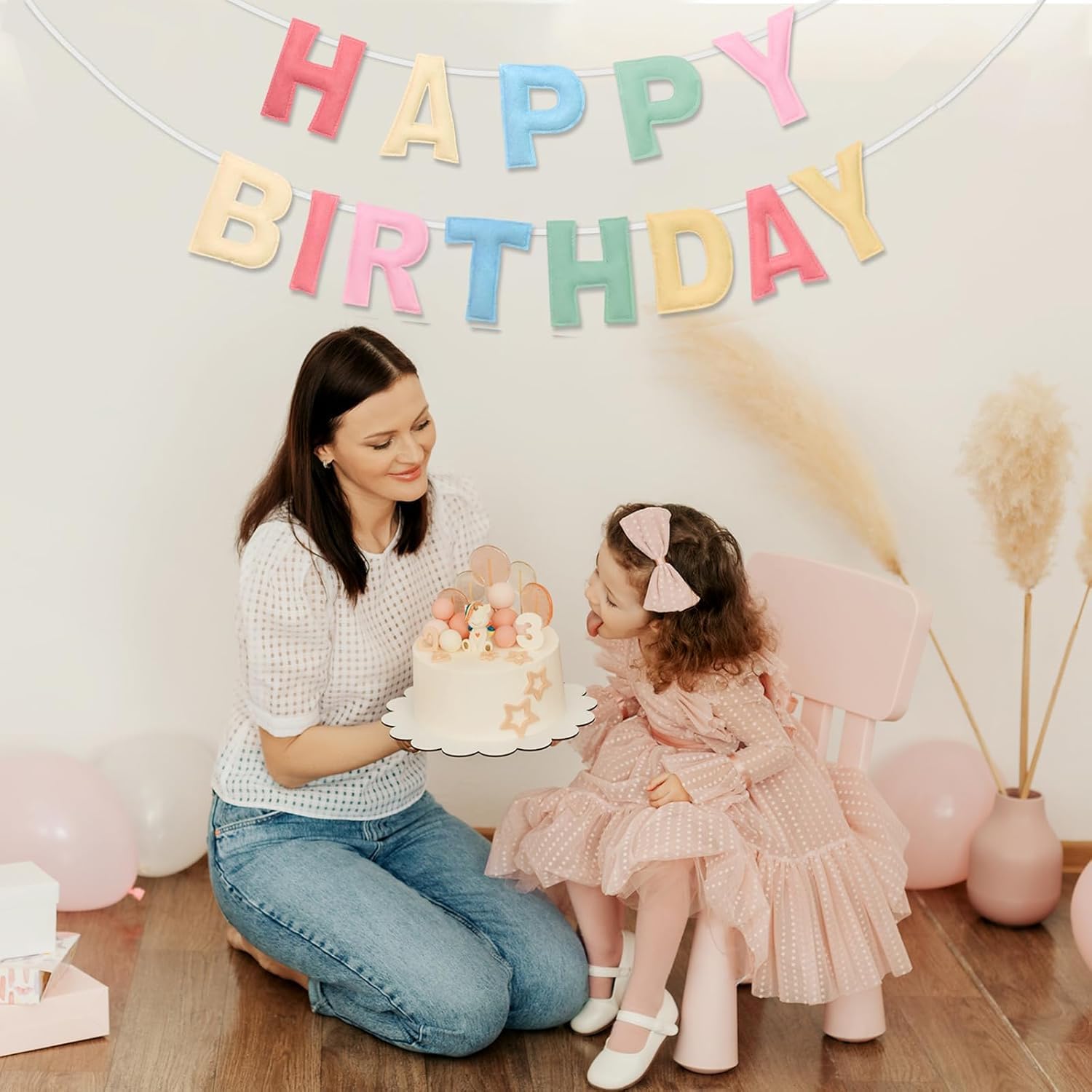 Felt Happy Birthday Banner, Pre-Strung 3D Birthday Rainbow Garland, Reusable Decorations Sign, Handmade Felt Banner for Women Girl, Party Decor, Photo Prop, Macaron (Macaron)