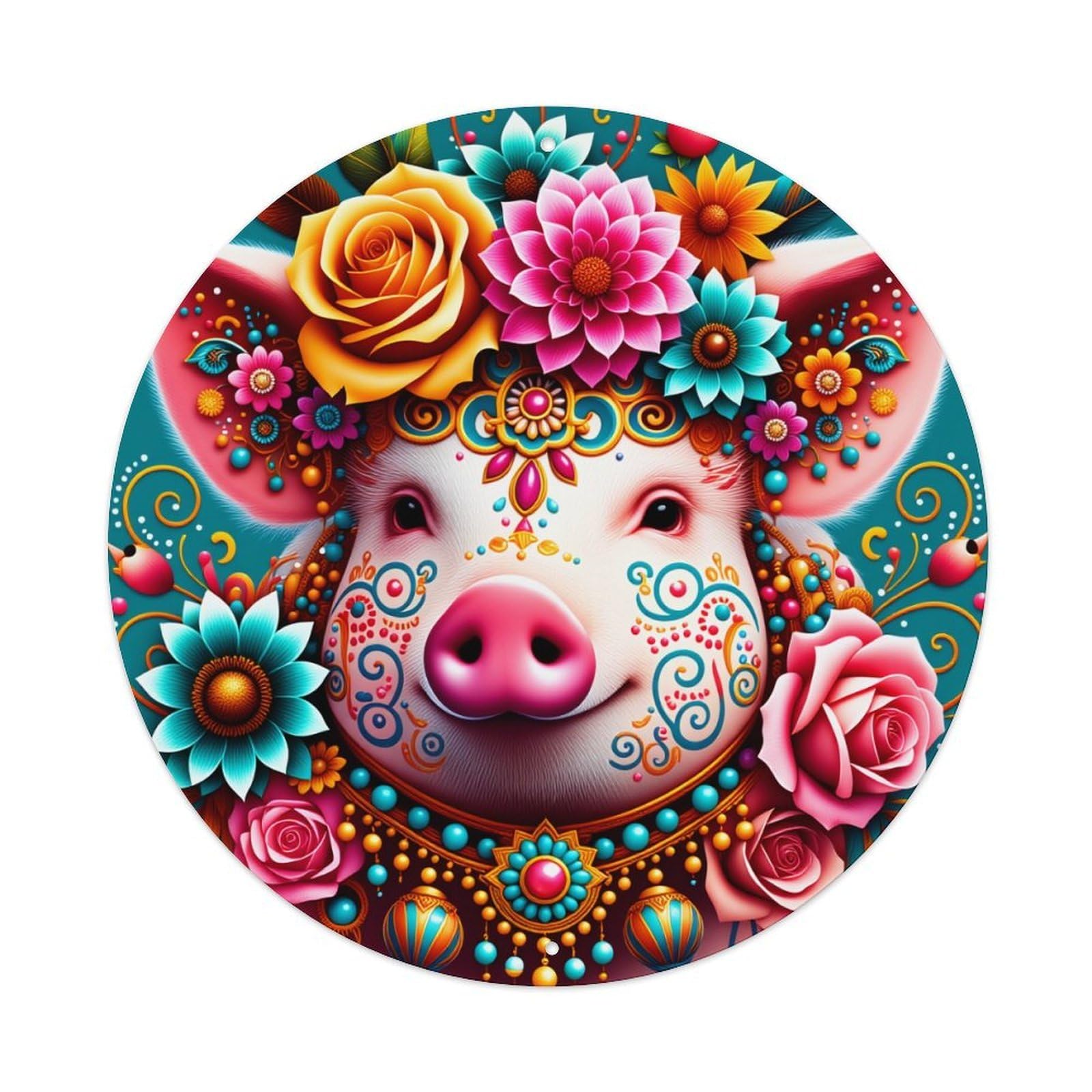 Floral Pig Art Pattern Print Round Tin Sign Vintage Metal Poster Retro Bar, Home, Man Cave, Kitchen, Laundry Room Wall Art Decor Gift 8x8Inch