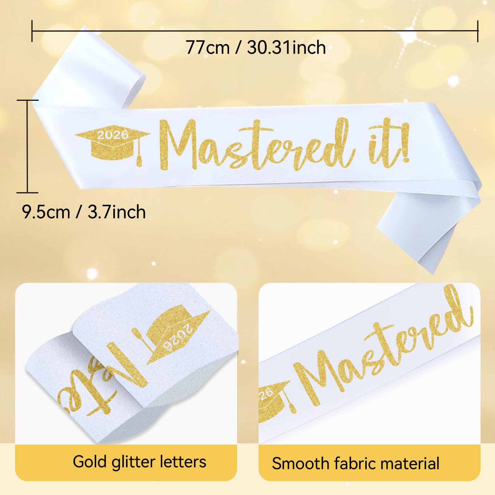 Mastered It Graduation Sash Class of 2026 Glitter Satin Sash for Masters - Congrats Grad Decorations, Masters Degree Graduation Gift for Her or Him, Grad Party Supplies - White Gold