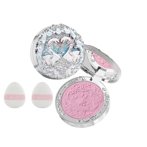 Flower Knows Swan Ballet Embossed Blush & Powder Puffs Set,Matte Finish,Buildable & Blendable Makeup Blush for Cheeks,Soft & Long-lasting for Girls & Women(03 Silky Ribbon,5g)