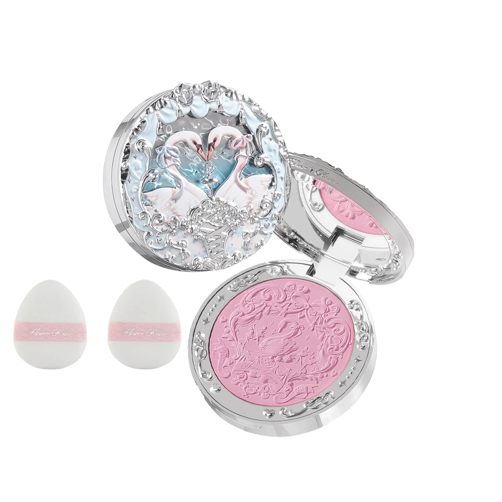 Flower Knows Swan Ballet Embossed Blush & Powder Puffs Set,Matte Finish,Buildable & Blendable Makeup Blush for Cheeks,Soft & Long-lasting for Girls & Women(03 Silky Ribbon,5g)