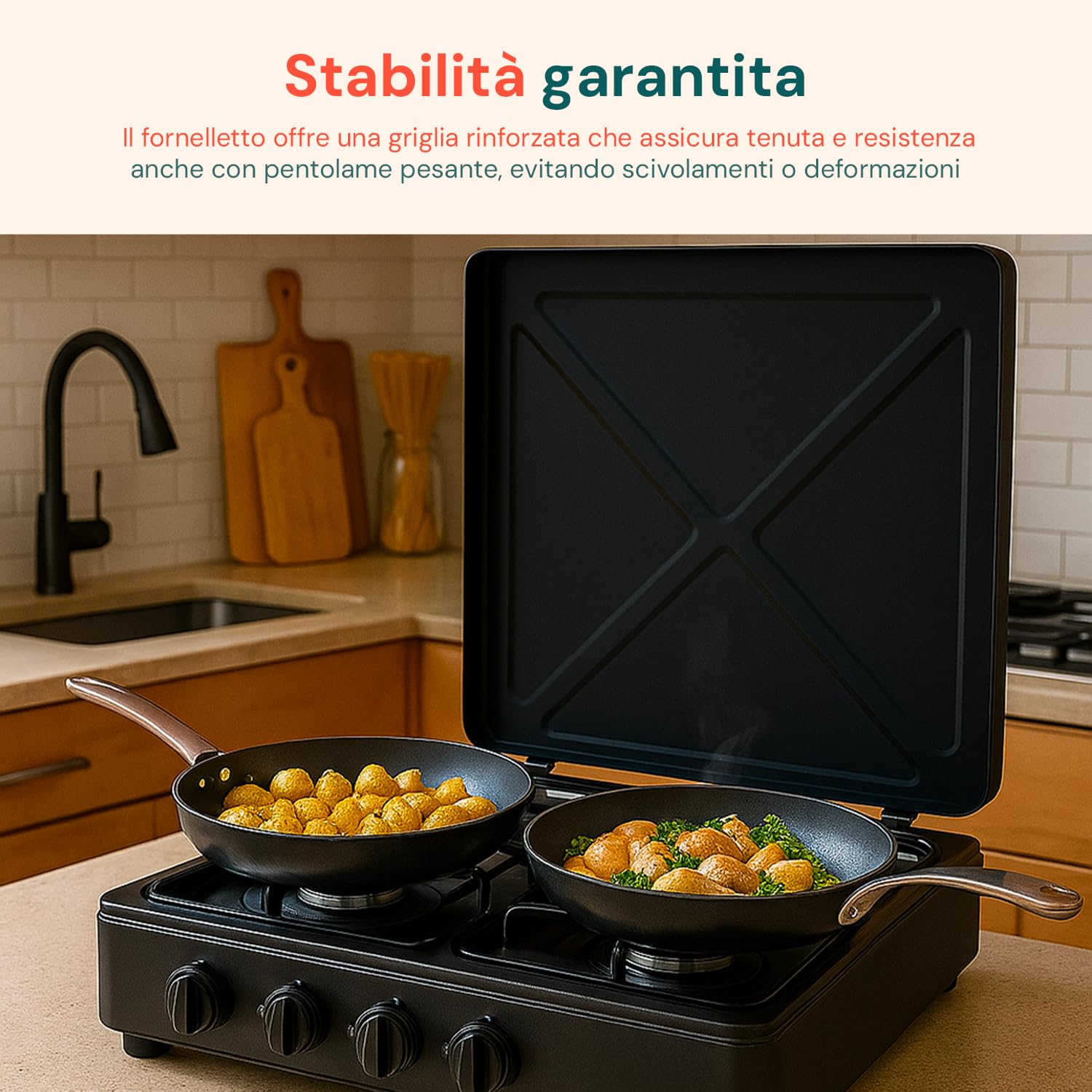 Avilia - Piano Cottura 4 Fuochi Gas Professionale con Griglia Rinforzata in Acciaio per Uso Interno ed Esterno, Facile da Usare, Ideale per Campeggio e Cucina Outdoor