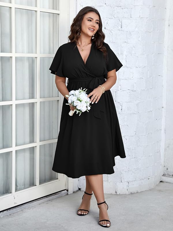 SCOMCHIC Womens Plus Size Wedding Guest Cocktail Midi Dress Summer Short Sleeve Wrap V Neck Belted A-Line Flowy Dress Black by SCOMCHIC - Used condition - Image 5