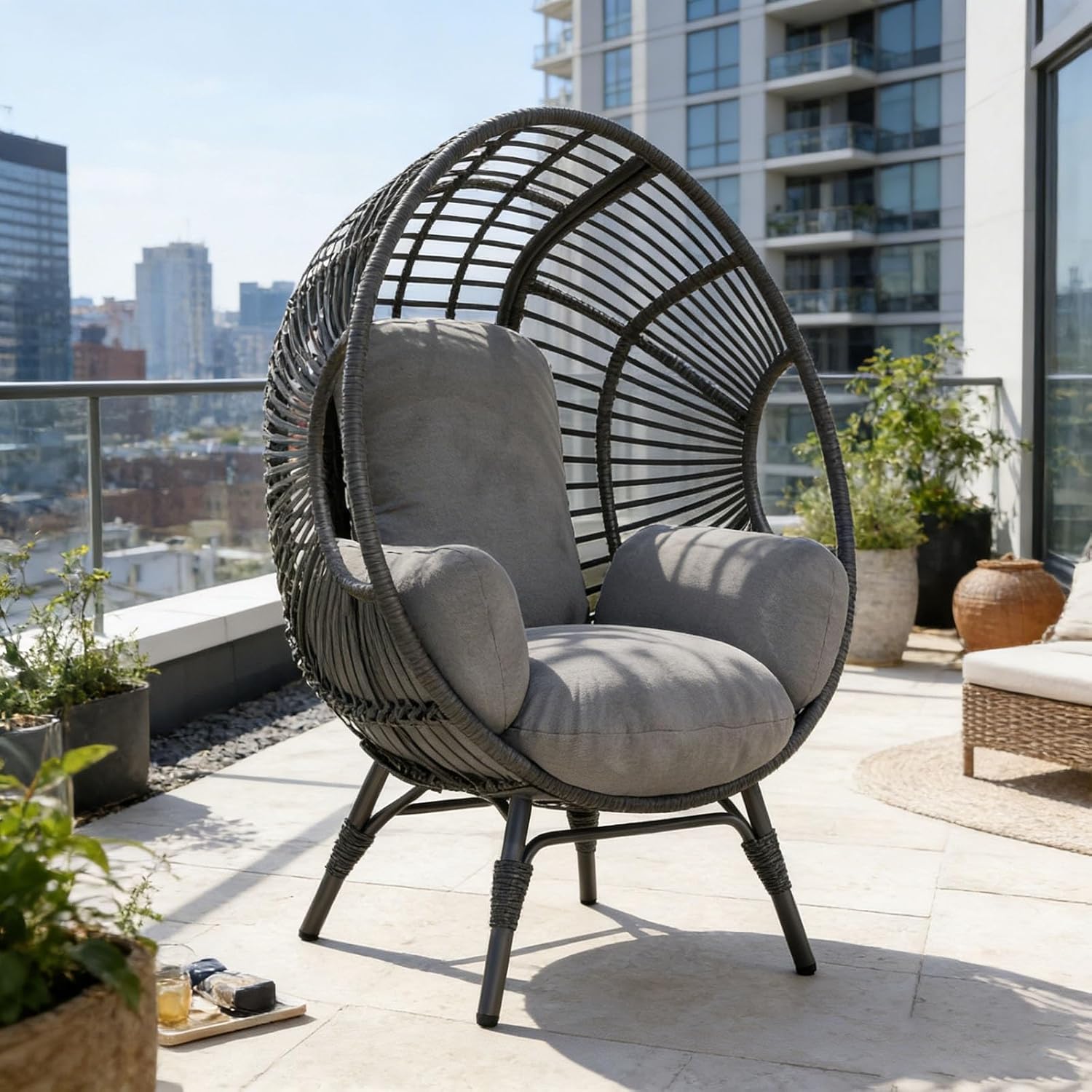 Wicker Chair Egg Shape, Weather-Resistant Indoor Outdoor, 400lbs Capacity with Plush Cushion, Balcony Egg Chairs(Black+Gray)