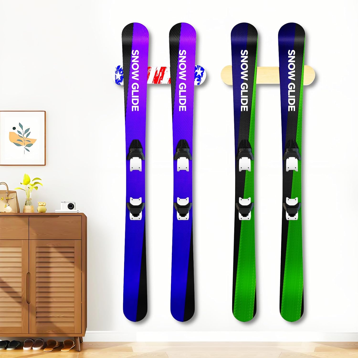 Wooden Ski & Snowboard Wall Mount Horizontal, Skateboard Wall Rack with Screws, Snowboard Display Stand, Indoor Snowboard Storage for Room, Garage (2, wood)