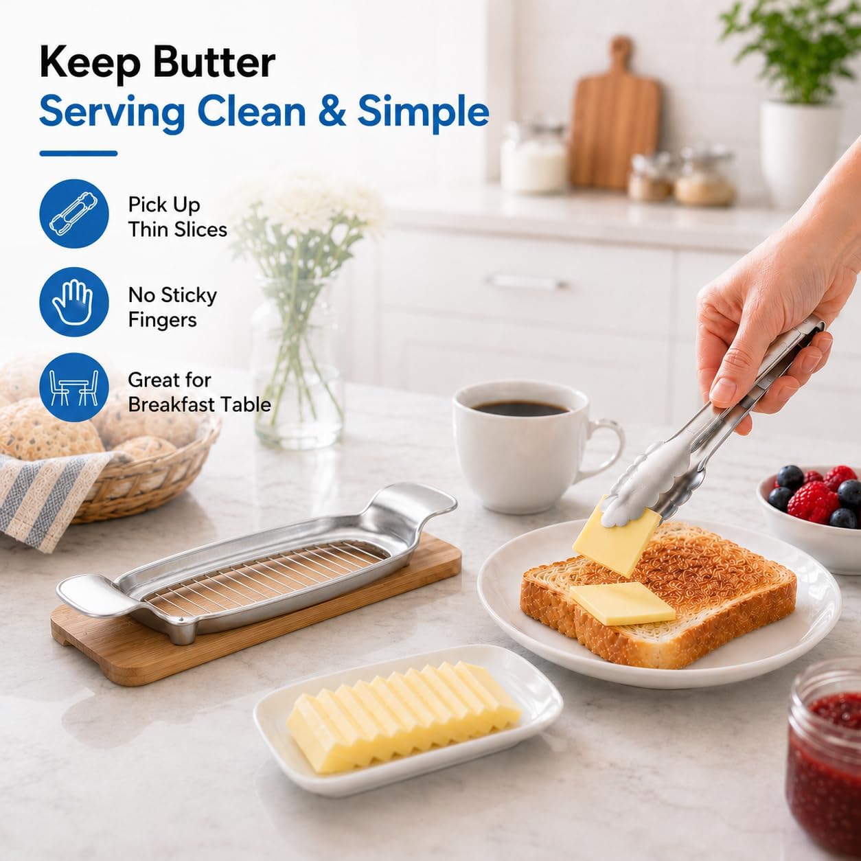 Butter Slicer Cutter with Serving Tongs, 304 Stainless Steel Butter and Cheese Cutter Wire Slicer Kitchen Gadget for Block Butter, Soft Cheese, Toast, Pancakes, Breakfast, Baking and Serving image 5
