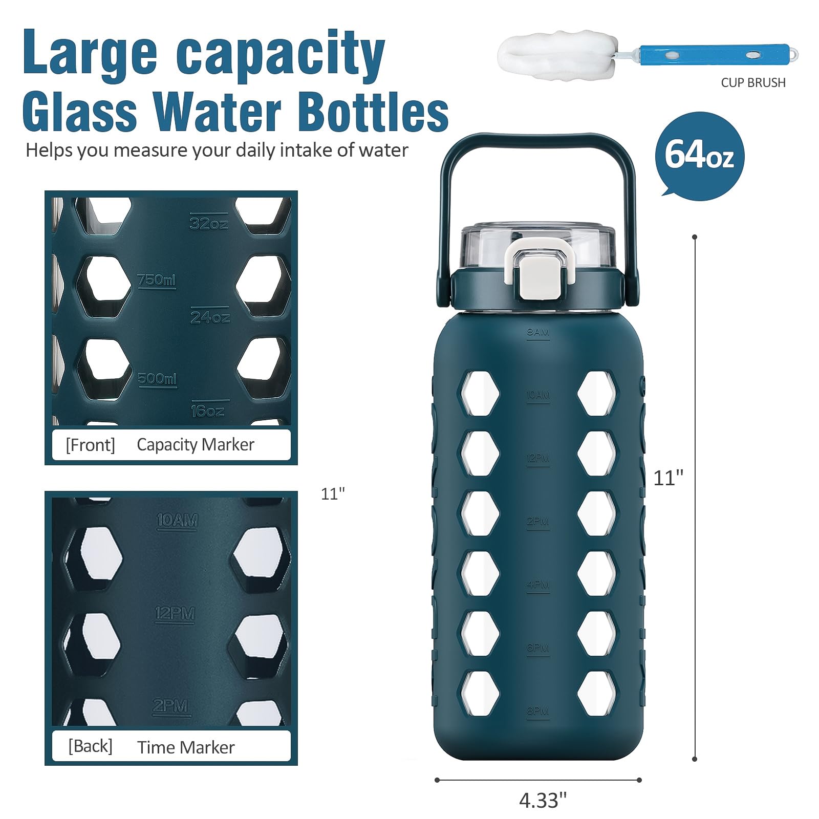 MUKOKO Glas-Wasserflaschen mit Strohhalm und Deckel, motivierender Wasserkrug mit Zeitmarkierungs-Erinnerung und Silikonhülle, 100 % auslaufsicher, BPA-frei, für Fitness, Sport, große Flasche, Blau
