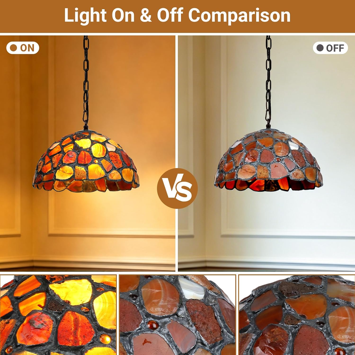 Tiffany Pendant Light Natural Agate Stone Lamp 12inch Dining Room Light Fixture Stained Glass Vintage Chandelier for Kitchen Island Porch Entryway Living Room Bar