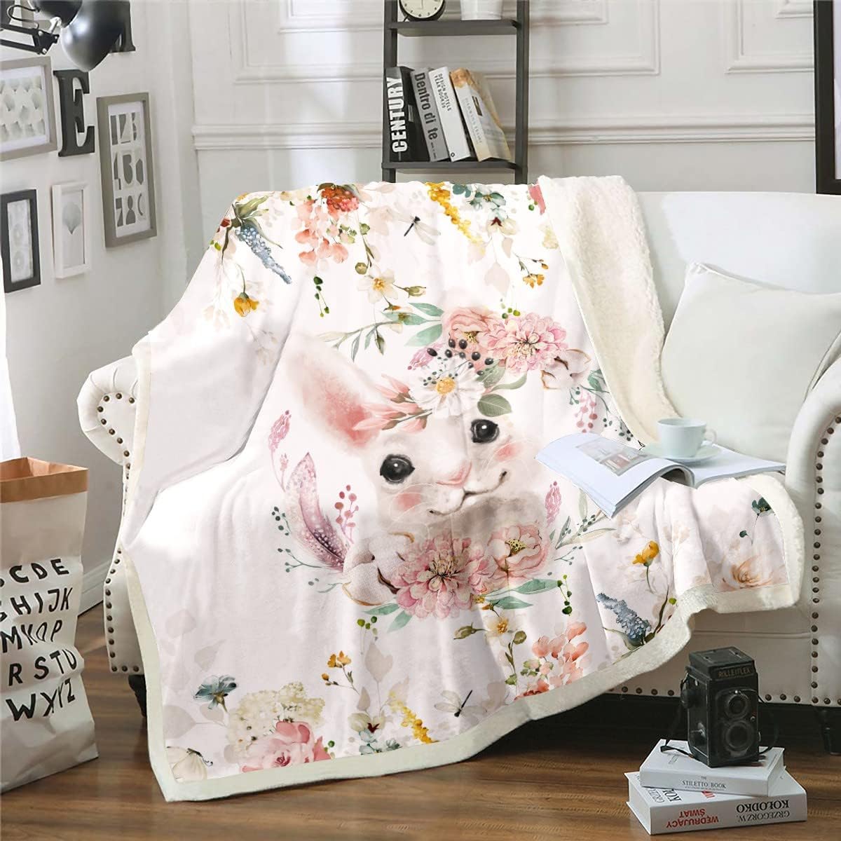 Erosebridal Cute Animal Sherpa Blanket Lovely Elephant Blanket Cartoon Cherry Blossoms Throw Blanket for Chair Spring Garden Fleece Blanket Throw Size Cartoon Style Bedroom Decor Kids Toddler Gifts