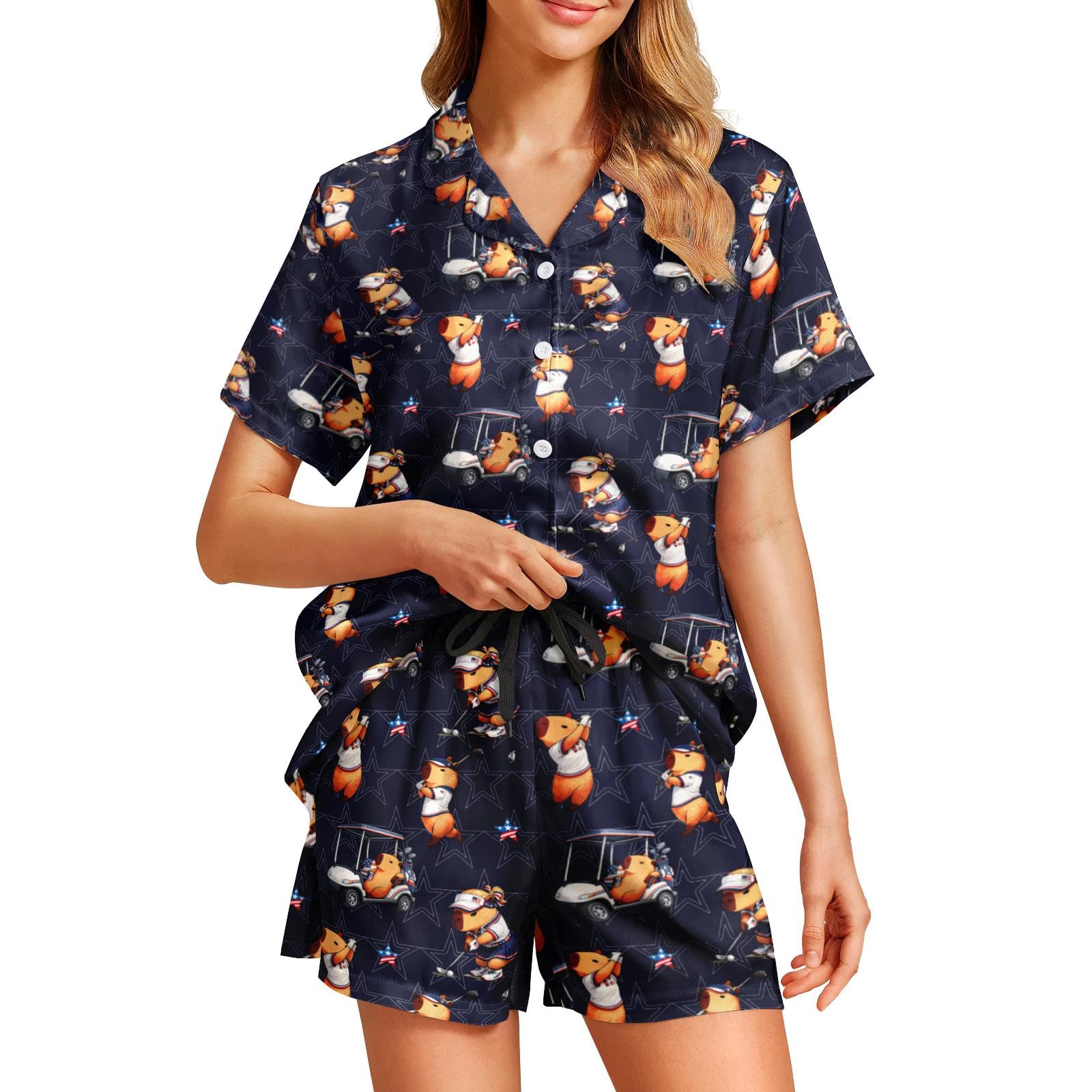 Funny Pajamas for Women Set Print Satin Loungewear Pjs Short Sleeve Button Down Top and Shorts Sets Sleepwear XS-3XL