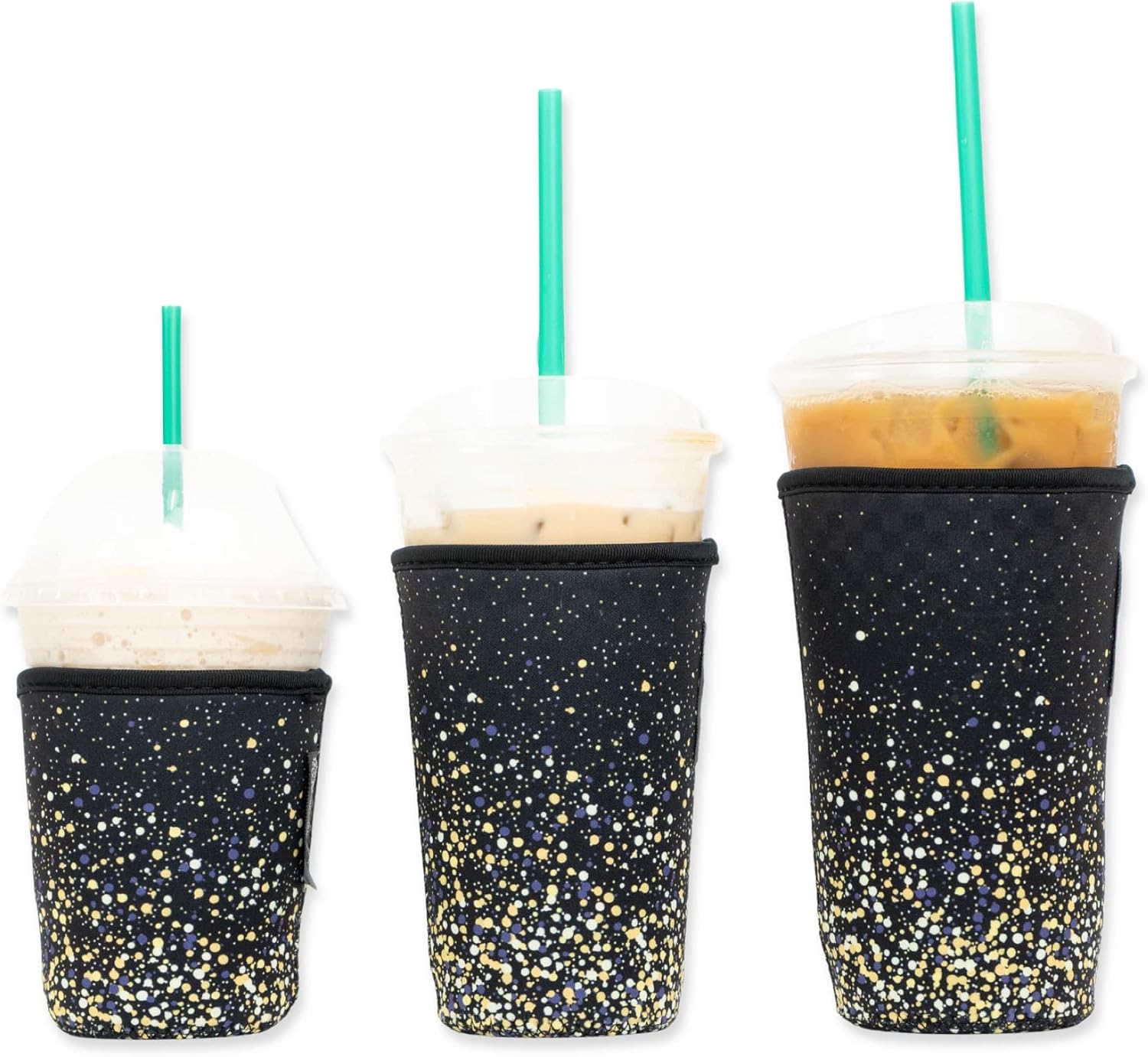 BAXENDALE AND CO Iced Coffee Sleeve for Cold Drink Cups - 3 Pack - Neoprene Iced Coffee Sleeve Cup Sleeves for Cold Drinks Reusable - Compatible with Starbucks, Dunkin (3 PK Sm-Med-Lg, Black Glitter)