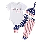4th of July American Boy/Babe Letter Embroidery Romper + Striped Pants + Beanie Hat 3Pcs Baby Boy Outfit