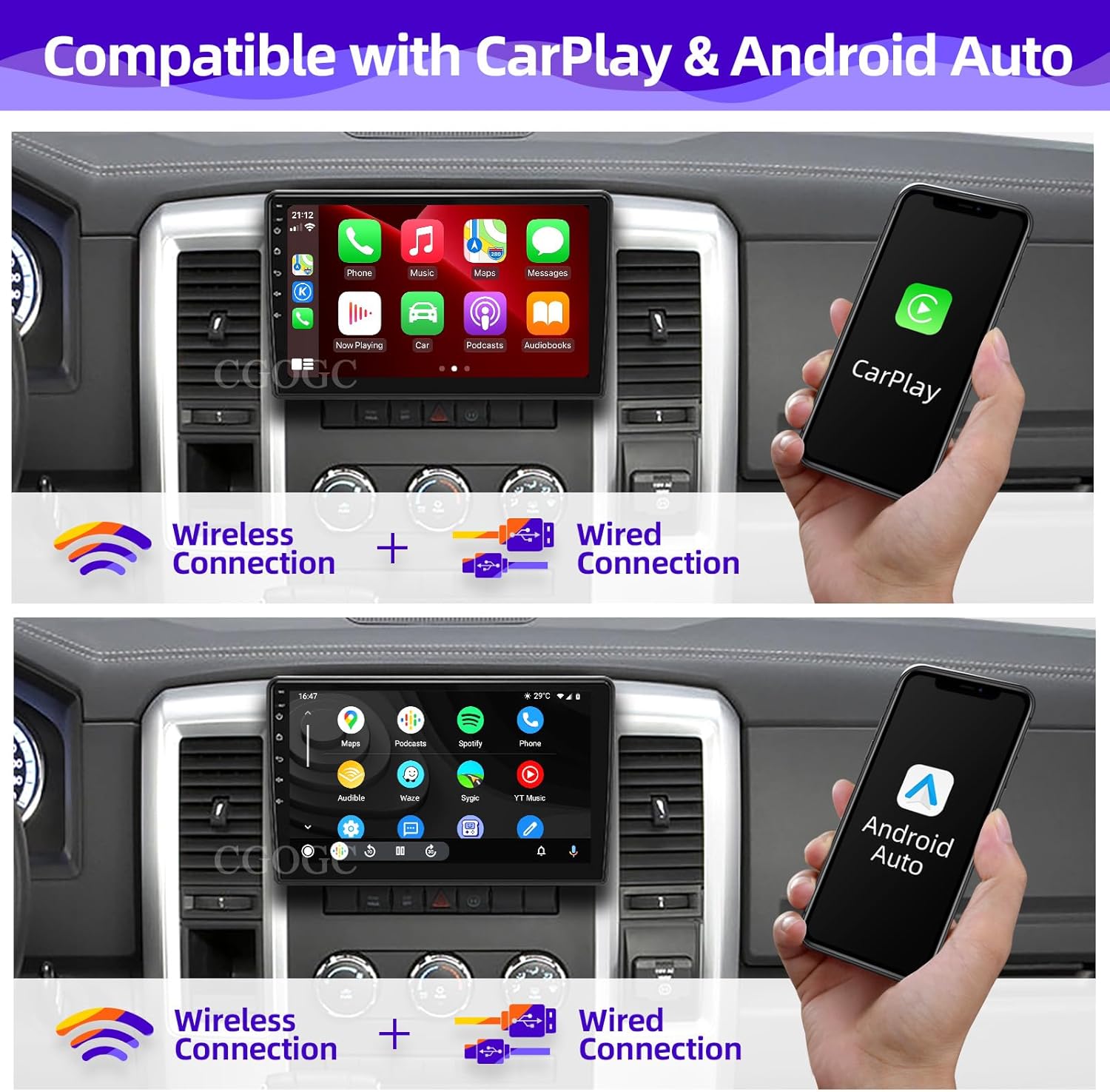 for Dodge RAM 1500 2500 3500 2009 2010 2011 2012 Radio Compatible with Wireless Carplay Android Auto 8core Touchscreen Car Stereo Bluetooth GPS FM/AM Multimedia Navigation WiFi Camera Head Unit