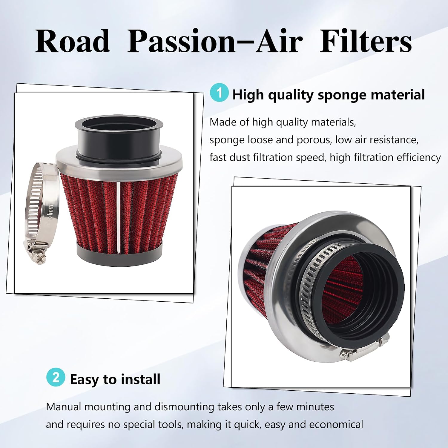 Road Passion Red 42mm Air Filter Replacement for Yamaha Kawasaki Suzuki PZ24 PZ30 Carburetor Moped Roketa Taotao GY6 125cc 150cc 200cc 250cc Motorcycle Quad Scooter Go Kart ATV Dirt Bike