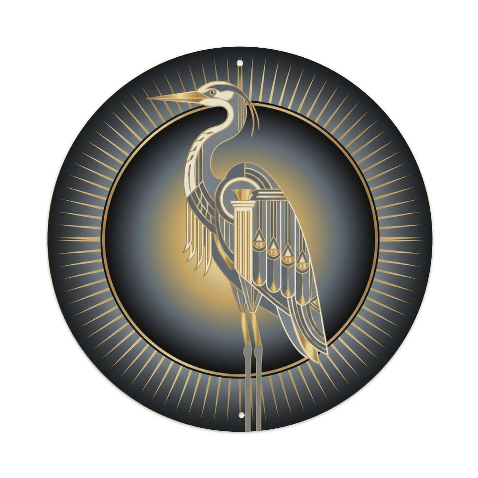 Heron Bird Deco Style Wetland Wildlife Moonlit Poise Metal Tin Sign Plaque Wall Decor for Cafe, Man Cave, Club Bar, Office, Home Garden Round Metal Poster 8x8Inch