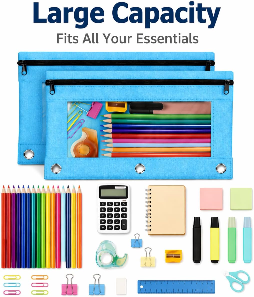 Pencil Pouch for 3 Ring Binder, Bulk 36 Pack 3-Holes Zipper Pencil Pouches with Clear Window, Sturdy and Durable Cloth Pencil Case in Assorted Colors, Pencils Bags for School Office College Supplies