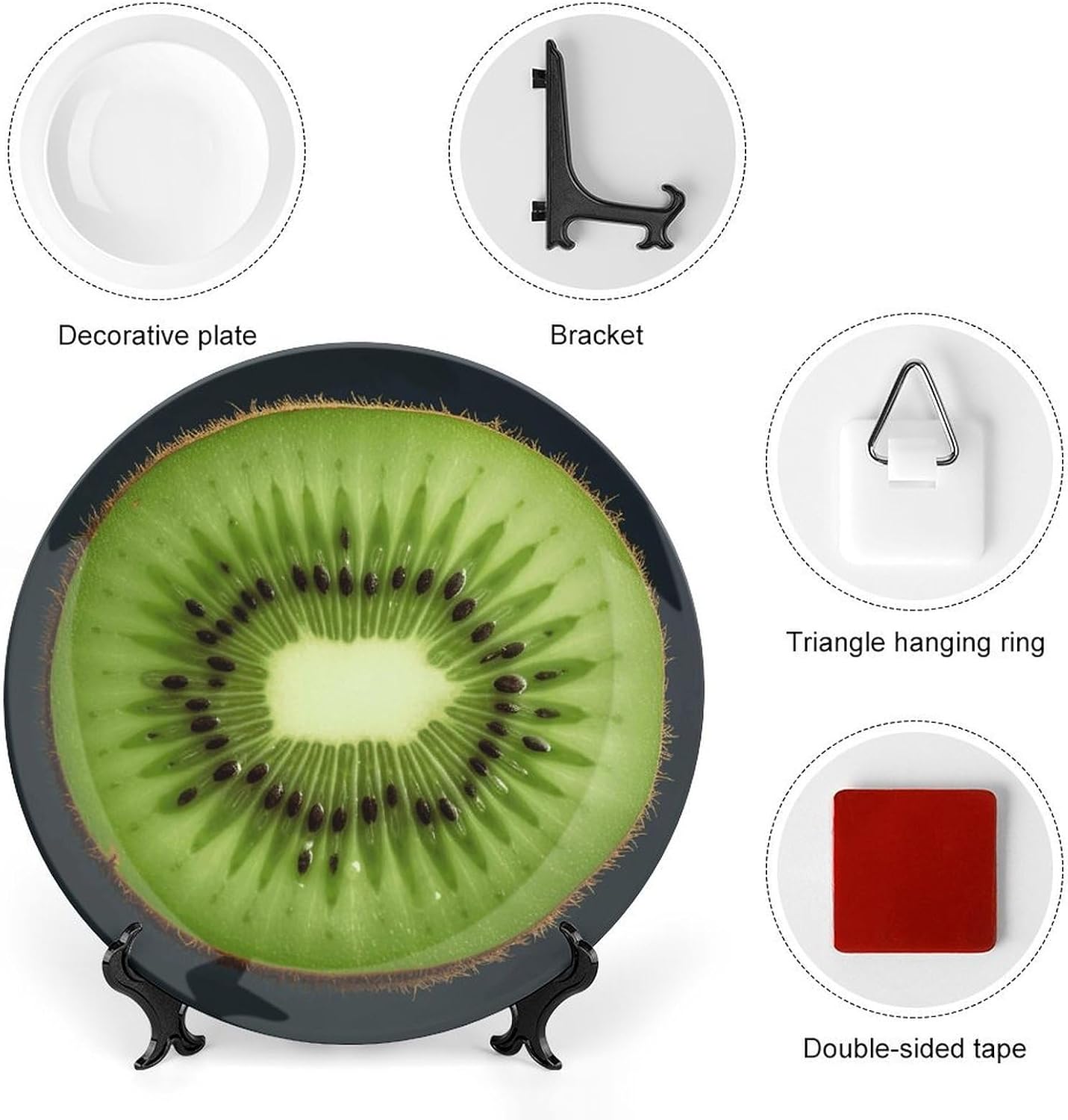 Kiwi Slice Ceramic Decorative Plate for Home, Bone China Plates | Chinese Style Decorative Dish with Stand, Dinner Plates Art Crafts for Wall Decor, Collections Plate with Hook 6inch