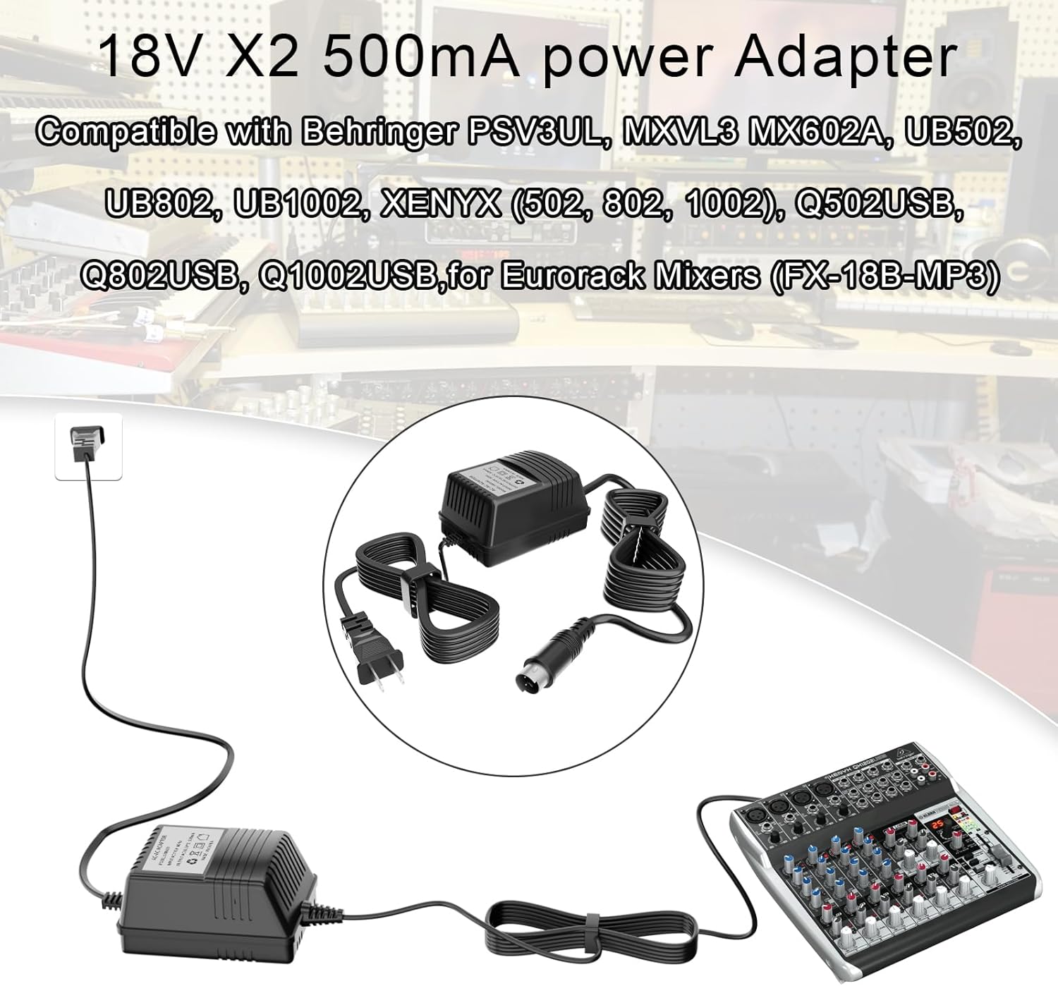 18.5V Mini 3 Pin Power Adapter Compatible with Behringer Mixer, for Behringer Xenyx 502 802 1002,Eurorack Mixers(FX-18B-MP3),MX602A,UB502,UB802,UB1002,Eurorack Power Supply Replacement AC Adapter