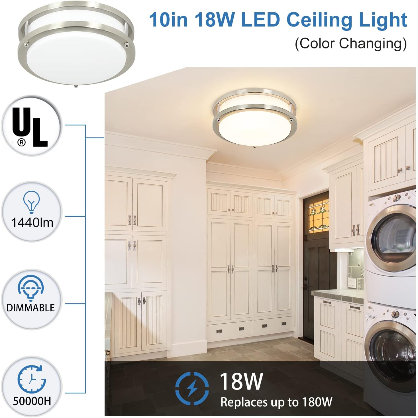 DLLT 18W Modern Flush Mount Ceiling Light, 10in Dimmable LED Ceiling Light Fixture, 3000K/4000K/5000K Adjustable Round Close to Ceiling Lights for Bedroom, Kitchen, Bathroom, Hallway Lighting