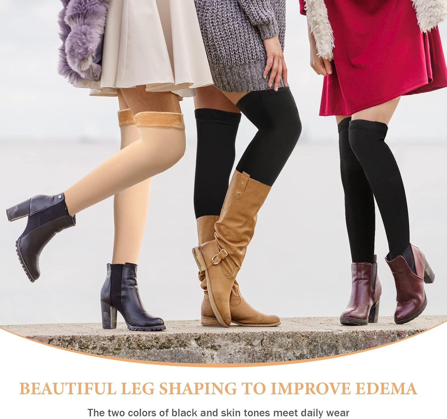 Bencailor 2 Pairs Fleece Leg Warmers Women Over Knee Winter Thick Fleece Lining Elastic Socks for Winter Compression Socks (Black, Beige,Footless Style) - Image 4