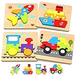 Yetonamr Wooden Toddler Puzzles Gifts Toys for Boys Girls, 4 Vehicle Shape Montessori Toy Educational Blocks Kids Toys Gift Baby Learning Toy