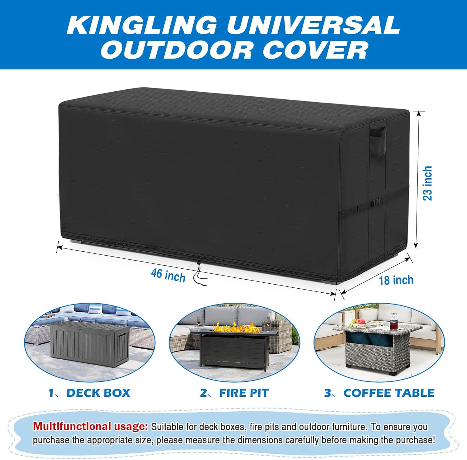 Kingling Deck Box Cover, Outdoor Storage Box Cover for Keter 71 Gallon Deck Box, Waterproof Outside Patio Storage Bench Deck Boxes Covers Black (46" L x 18" W x 23" H)