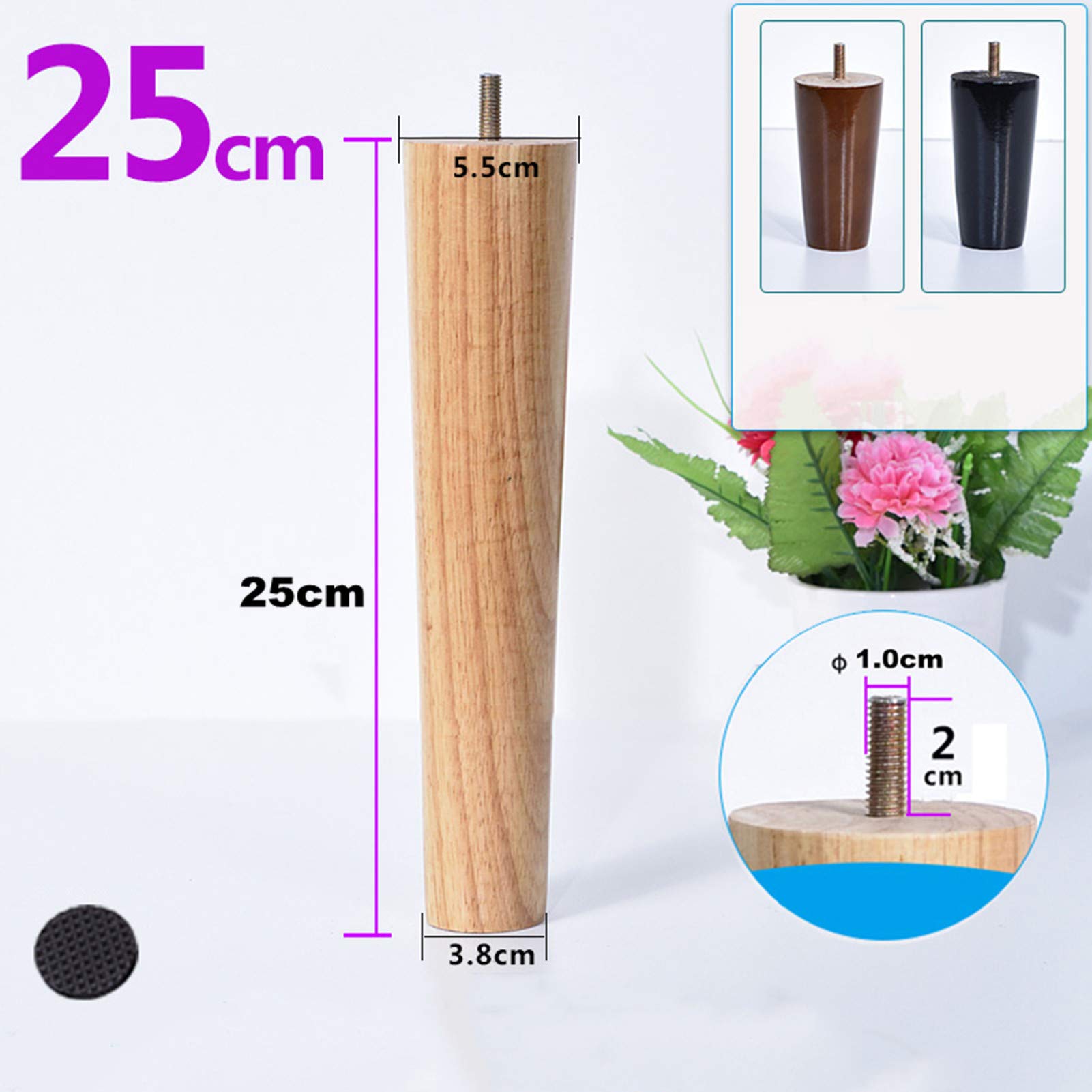 4er Set Tischbeine mit Gewindestift M10,Holz Möbelfüße,Massivholz Ersatz Möbelbeine,Gummiholz Sofafüße Holzfüße Sockelfüß Sofabeine Schrankfüße,für Bett,Couch,Stuhl,Holzfarbe(straight25cm/9.8inch)