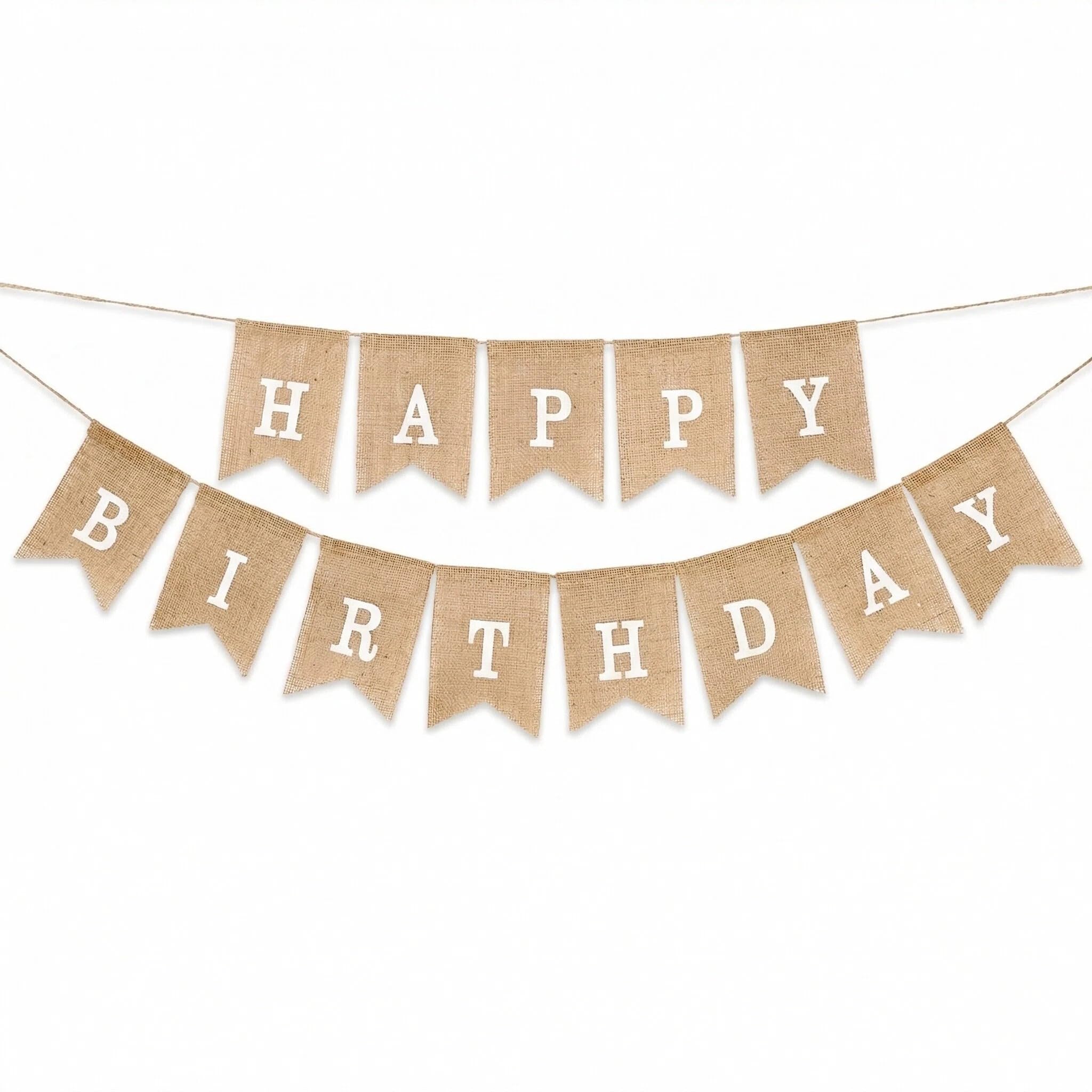13 Letter Burlap Happy Birthday Banner, Swallowtail Hessian Bunting with Twine, Vintage Rustic Party Decor for Wall, Fireplace, Photo Backdrop – Reusable 13.5x18cm Flags