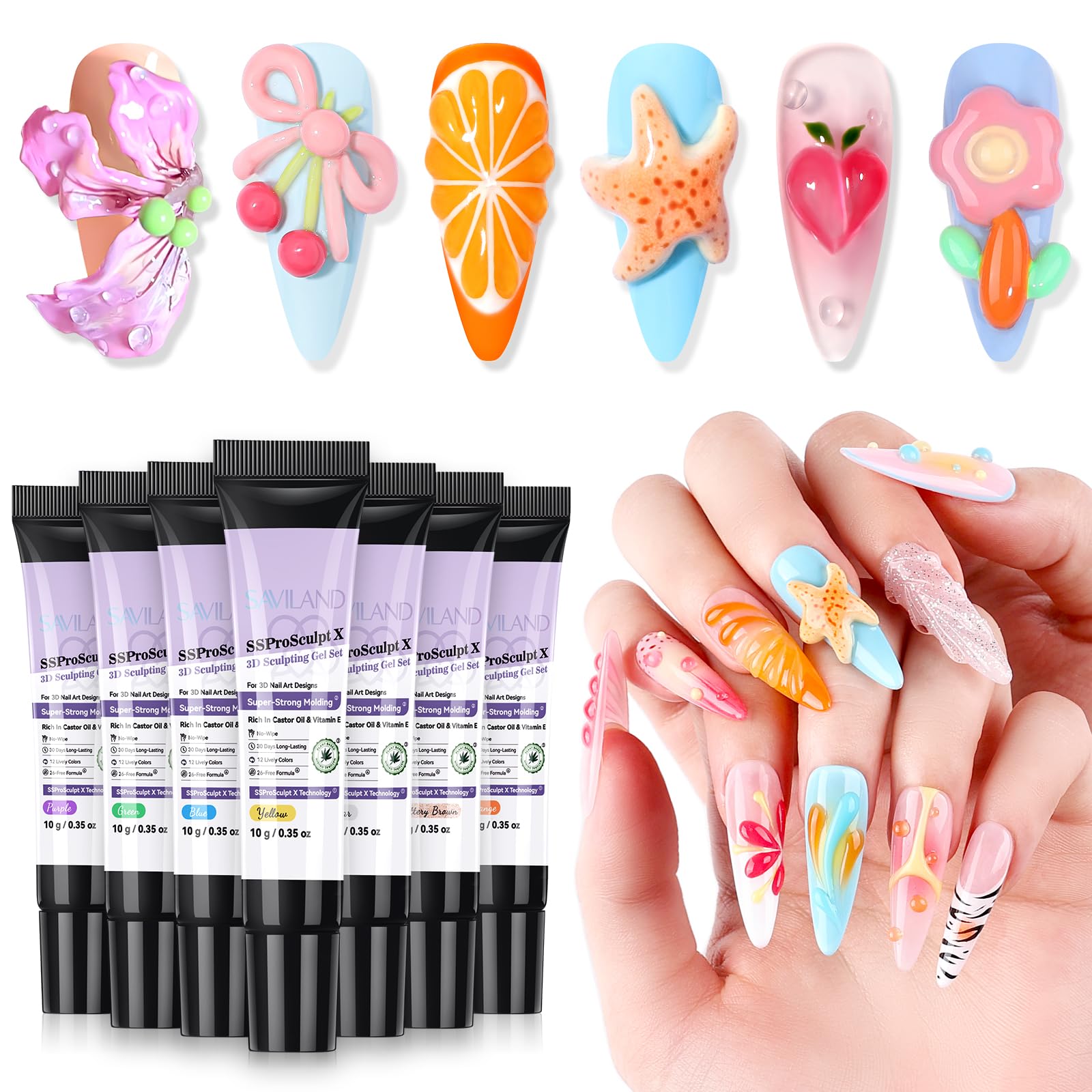 SAVILAND Pro 3D Nail Gel Kit 12 Color Super Strong Molding 3D Sculpting Gel Set No Wipe 3D Sculpting Nail Art for Manicure Set for Home Nail Salons DIY