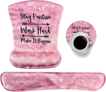 Ergonomic Mouse Pad with Wrist Support Gel, DINKY Upgraded Keyboard Wrist Rest Pad Set, Lovely Coaster with Non-Slip PU Base Mouse Pads for Working, Gaming and Family Pink Letters