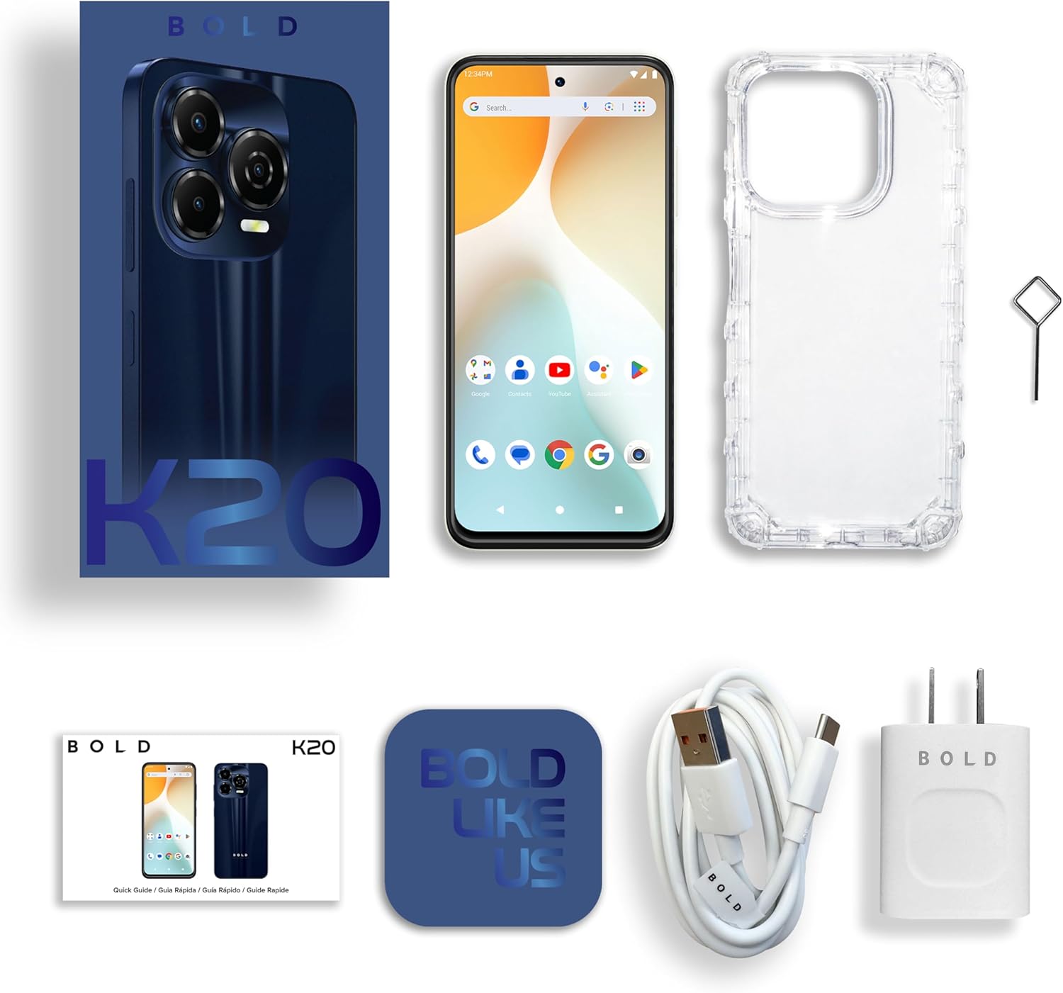 Bold K20 | 2025 | All-Day Battery | Unlocked | 6.7” HD+ Infinity Dot Display | 256/4GB | Triple 50MP Camera | US Version | US Warranty | (Blue)