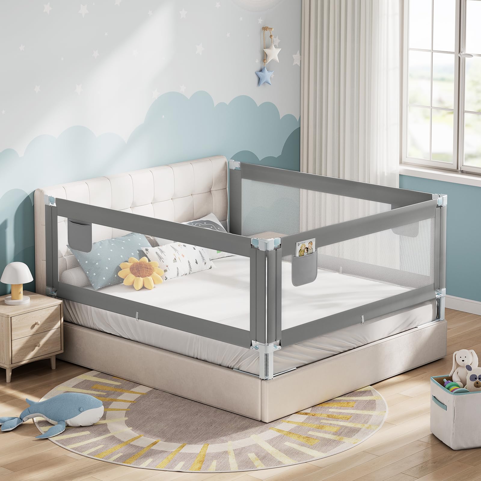 Sponda Letto Bambini WOLTU - 180 Cm, Regolabile 69-87 Cm, Grigio Chiaro, Anticaduta, Traspirante - Foto 2