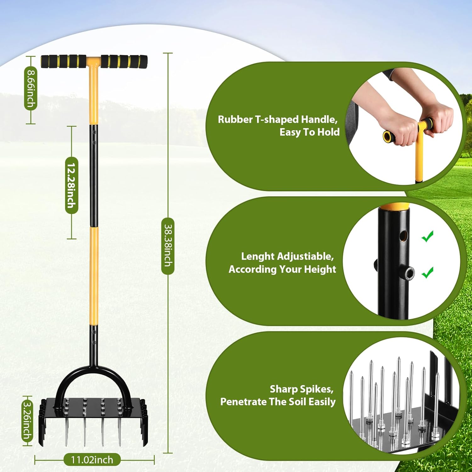 2-in-1 Lawn Aerator, Manual Core Aerator Lawn Tool with 24-Spikes Suitable for Lawn Ventilation, Garden Soil Loosening and Compact Soil Care, Revives Lawn Health