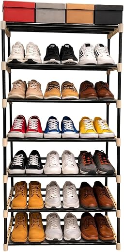 Black Metal Shoe Rack for Home – Adjustable &amp; Stackable Metal Pipe Shoe Stand, Waterproof Open Shoe Organizer, Entryway, B...