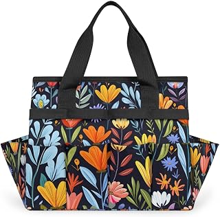 Watercolor Wildflower Heavy Duty Garden Tool Bag with 10 Pockets | Waterproof Gardening Organizer Tote Bag with Sturdy Handle, Standable Upright, and Hard Bottom