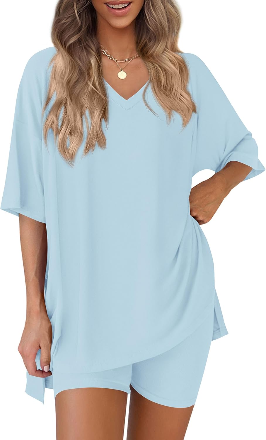 PRETTYGARDEN 2 Piece Sets for Women Summer 2026 Lounge Short Set Spring Matching Biker Shorts V Neck Oversized Shirt Clothing