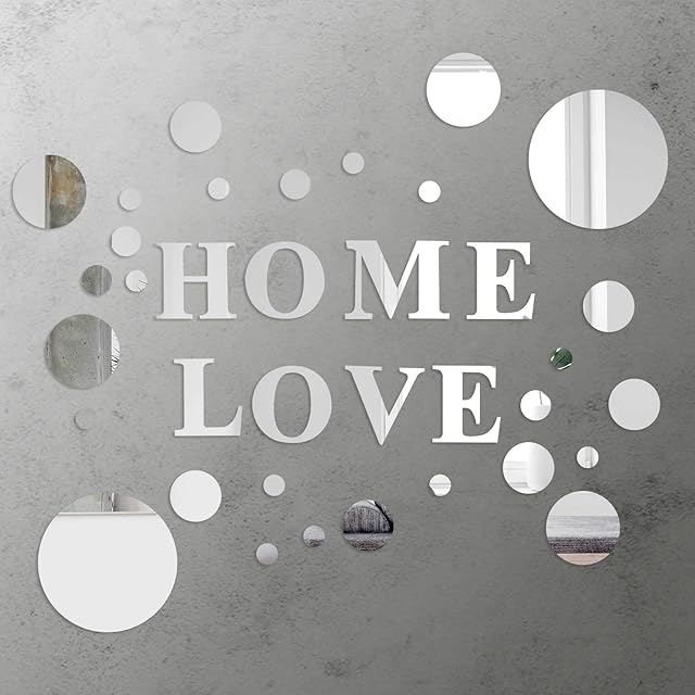 milaosk 34 Pcs Mirror Wall Stickers, Acrylic 3D Mirror Wall DIY Mirror Effect Wall Decals Mirror Tiles Self Adhesive Decoration Mirror "Love Home"Letter Removable Wall Decals for Bedrooms