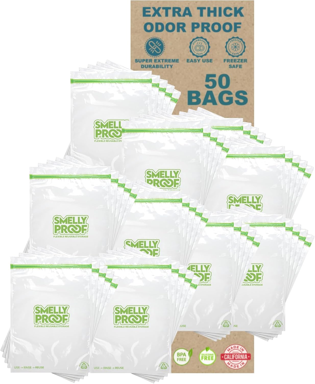 Smelly Proof Reusable Food Storage Bags, Reusable Freezer Bags, Made in USA, Dishwasher-Safe, BPA FREE, NO PEVA, Clear FLAT 2-Gallon 12” x 16”, 50-Pack