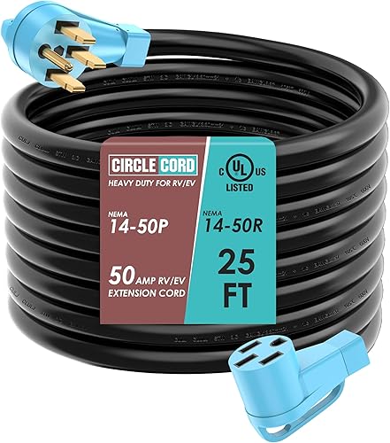 CircleCord Cable de extensión de 50 amperios de 25 pies para caravana o automóvil eléctrico, resistente calibre 63+81, cable STW con organizador de