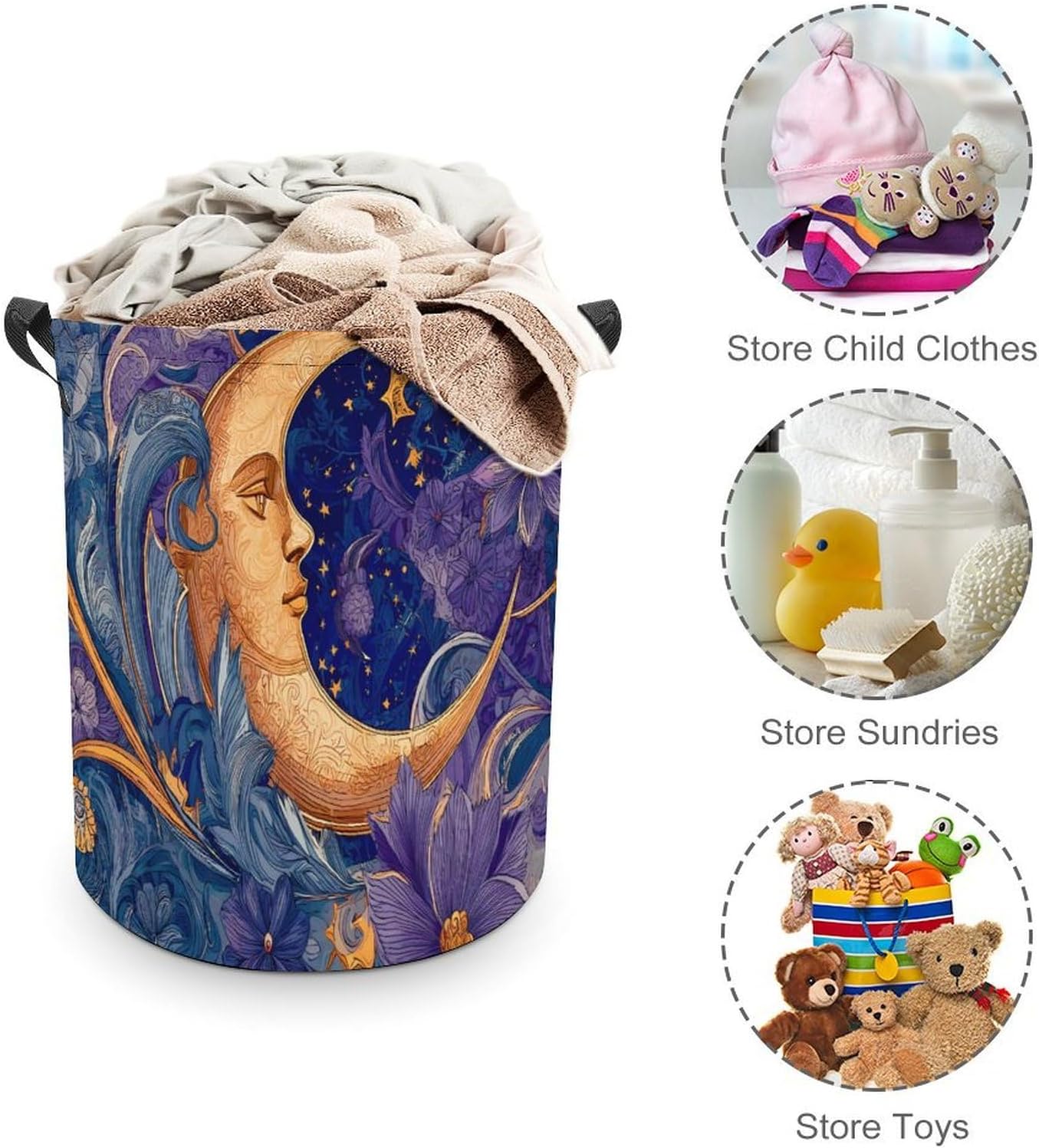 Celestial Themed Moon Mandala Floral Laundry Hamper Basket for Home Bathroom