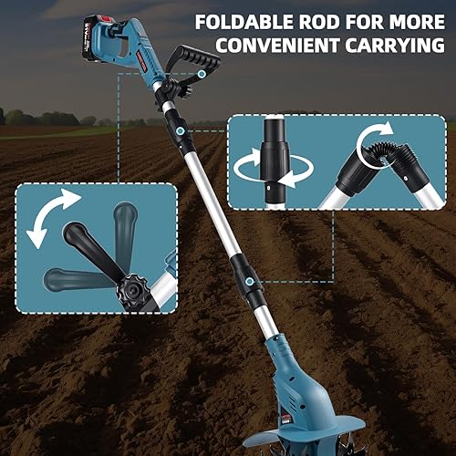 Miniatura 4 de Cultivador de suelo sin cable de 21 V, cultivador de jardín de 8 pulgadas de ancho con batería de 4.0 Ah, cultivador con dientes de acero y pantalla