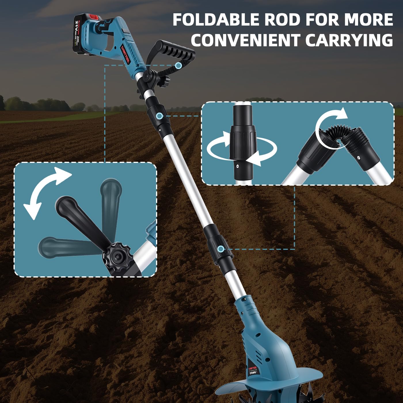 Cultivador inalámbrico de 21 V, 8 pulgadas de ancho y 4.0 Ah, cultivador de jardín con púas de acero y pantalla de capacidad de batería, roottiller para césped, jardinería, cultivo de suelo (azul