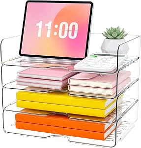 Organisateur de plateau à papier en acrylique à 4 niveaux, organisateurs de bureau empilables transparents pour documents, lettres, papiers A4, organisateurs de rangement de bureau