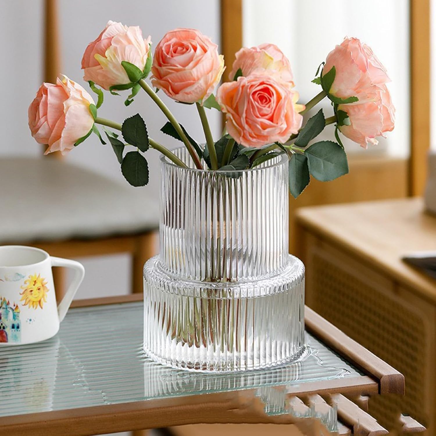 7.5 Inches Clear Glass Vase, Flower Vase, Fluted Clear Vases for Flowers, Modern Vases for Living Room, Dining Table, Entryway, Shelf, Wedding, Office, Coffee Table, Birthday
